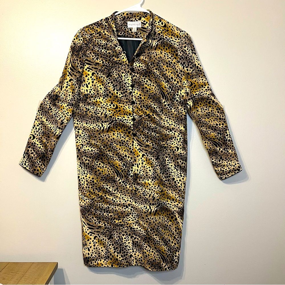 Adrianna Papell vintage silk cheetah animal print button down tunic dress 8